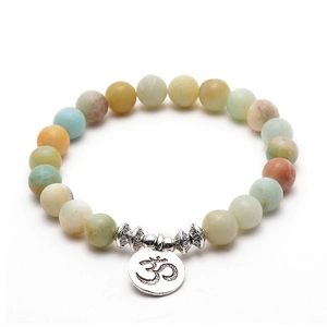 Natural Amazonite Stone Bead Bracelet With Alloy Lotus Buddha Om Pendant Yoga Meditation Bohemian Style