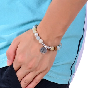 Amazonite 8mm natural stone lotus bead bracelet worn on wrist for yoga and meditation