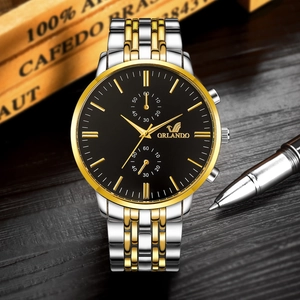 Detailed side view of a luxury men's business quartz watch with steel band and gold case