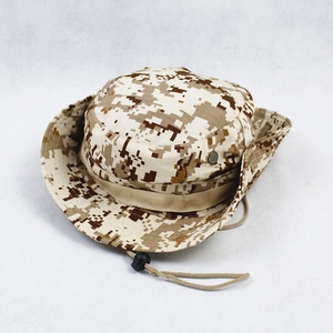 Detail of sand digital camouflage boonie hat with breathable vents and adjustable chin strap