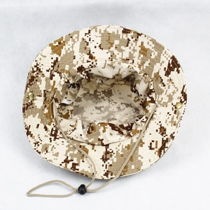 Detail of digital desert camo boonie hat featuring adjustable wind strap and metal side snaps