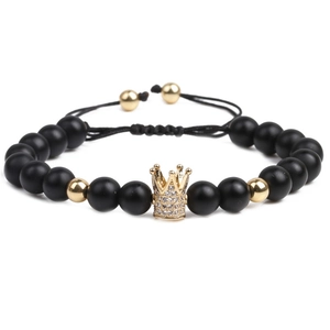 Men's crown bracelet with black matte beads and micro-paved zircon stones