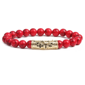 Red marble beaded bracelet with gold micro-pave zircon skull and cross pendant