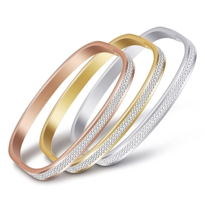 Modern Stainless Steel Rectangular Bangle For Women Double Row Rhinestone Inlaid Geometric Brushed Metal Bangle Bracelet