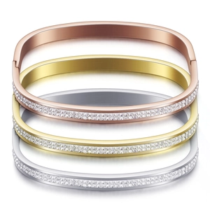 Three-tone stackable stainless steel square bangles with double-row rhinestone inlay