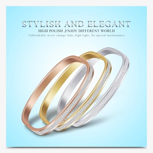 Detail of high polished stainless steel bangles with double row pave diamonds