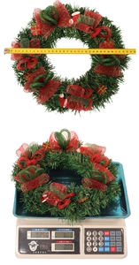 Détail d'une couronne de Noël de 31cm montrant les dimensions et le poids précis