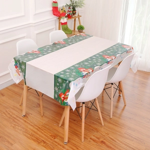 Christmas snowman pattern PVC tablecloth with Merry Christmas text on wooden table