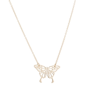 Detailed view of a gold-plated hollow butterfly pendant necklace with intricate mesh wings