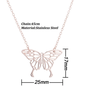 Rose gold stainless steel butterfly pendant necklace with 45cm chain and hollow wings