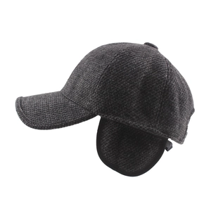 Men's winter grey wool baseball cap with ear flaps and warm fleece lining