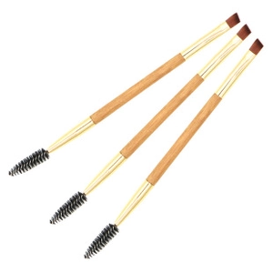 Three double-ended bamboo eyebrow and eyelash brushes with gold ferrules on white background