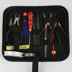 Comprehensive DIY jewelry tool set with pliers, calipers and tape in black zipper case