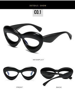 Detailed views of thick black chunky eyeglass frames with round retro fashion contours