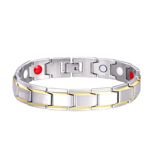 Men's magnetic health bracelet in silver and gold steel links with healing stones
