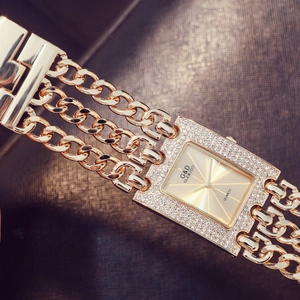 Luxurious gold women's watch with square rhinestone dial and triple chain link band