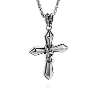 Polished stainless steel cross pendant with detailed snake wrap and round box chain