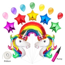 Unicorn and rainbow balloon set including foil stars, latex balloons, and a manual pump