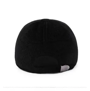 Detail view of the plush black baseball cap back with adjustable strap and metal buckle