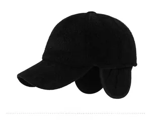 Detail view of winter sport baseball cap with fleece lining and fold-down ear flaps