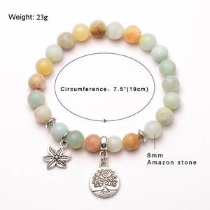 Natural 8mm Amazonite stone yoga bracelet featuring tree of life and flower pendants