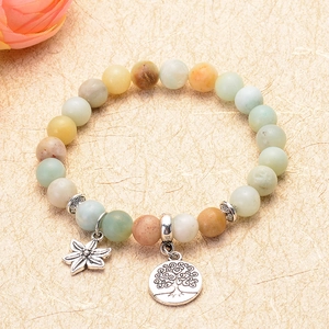 Detailed macro view of 8mm Amazonite beads with silver Tree of Life and flower charms
