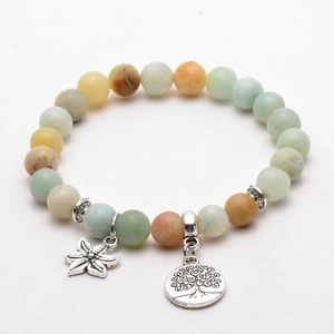 Detailed close-up of 8mm Amazonite beads with silver tree of life and flower charms