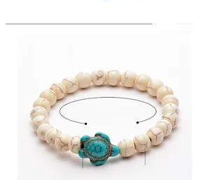 Detail view of 8mm white stone bead bracelet with 14x18mm turquoise turtle pendant