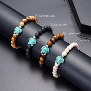 Lava stone and tiger eye sea turtle bracelets for couples, natural 8mm beaded jewelry