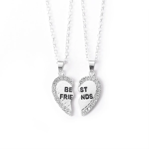 Silver best friends heart pendant necklace with rhinestones for two companions