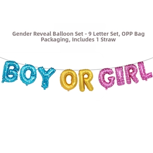Detail of Boy or Girl foil balloon set for gender reveal parties with metallic finish