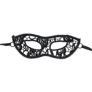 Close-up of intricate black lace masquerade mask with floral patterns and side ribbons