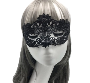 Detailed view of an intricate black lace masquerade eye mask on a female model