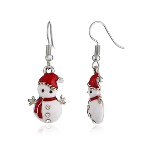 Detail view of snowman earrings with red and white enamel and sparkling rhinestones