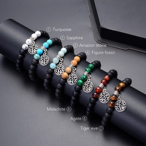 7-piece energy volcanic lava rock yoga bracelets with tree of life charms and natural stones