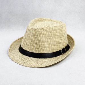 Classic linen fedora sun hat in beige check with black decorative band and metal buckle