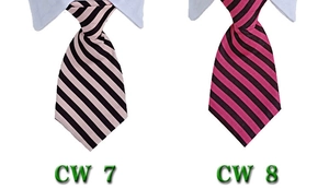 Detail view of striped pet ties in pink and black patterns with formal shirt collars