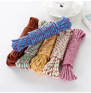 Close-up of 6 rolls of thick nylon clothesline with non-slip texture in multiple colors