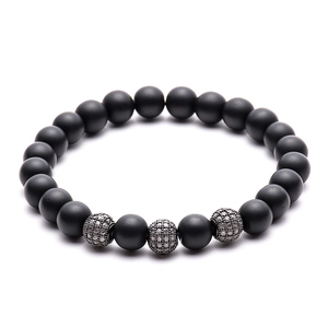 8mm black matte stone beaded bracelet with three sparkling micro-pave zircon copper spheres