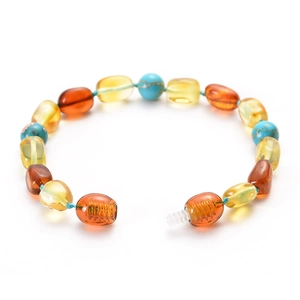 Handcrafted Baltic amber baby bracelet with turquoise beads and secure screw clasp