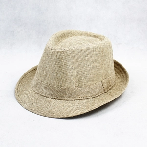 Classic light khaki linen fedora hat with woven texture and matching band for sun protection