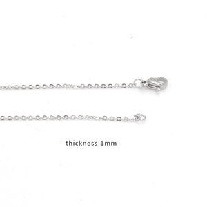 Detailed view of 1mm thick stainless steel cable chain necklace with lobster clasp