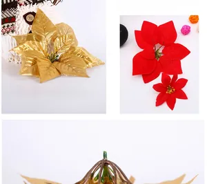Close-up of gold and red velvet artificial poinsettia flowers for Christmas decoration