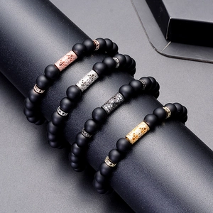 Natural matte black stone bead bracelet with micro-paved zircon hollow metal tube