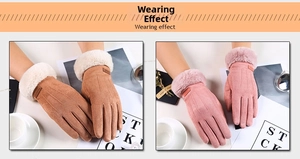 Detailansicht der warmen Damen-Wildlederhandschuhe mit Plüschpelz-Bündchen in Hellbraun und Rosa