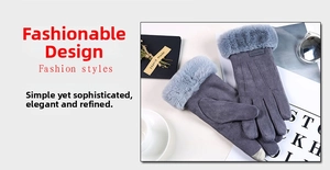 Detailansicht der dunkelgrauen Damen-Wildlederhandschuhe mit Touchscreen-Funktion am Finger
