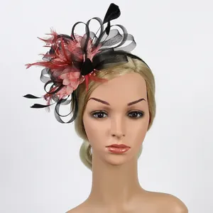 Detail of vintage fascinator with black mesh veil, pink feathers and pearls on headband