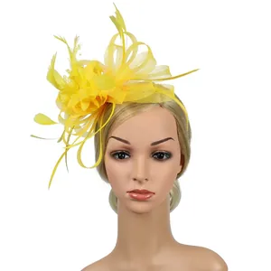 Elegant yellow fascinator hat with mesh flowers and feathers for bridal horse racing party