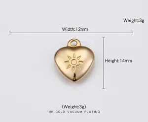 Macro shot of 18K gold plated heart pendant with sun engraving and dimension markings