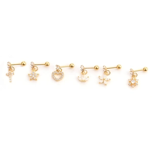 Gold stainless steel stud earrings set with zircon pendants of cross, star, and heart